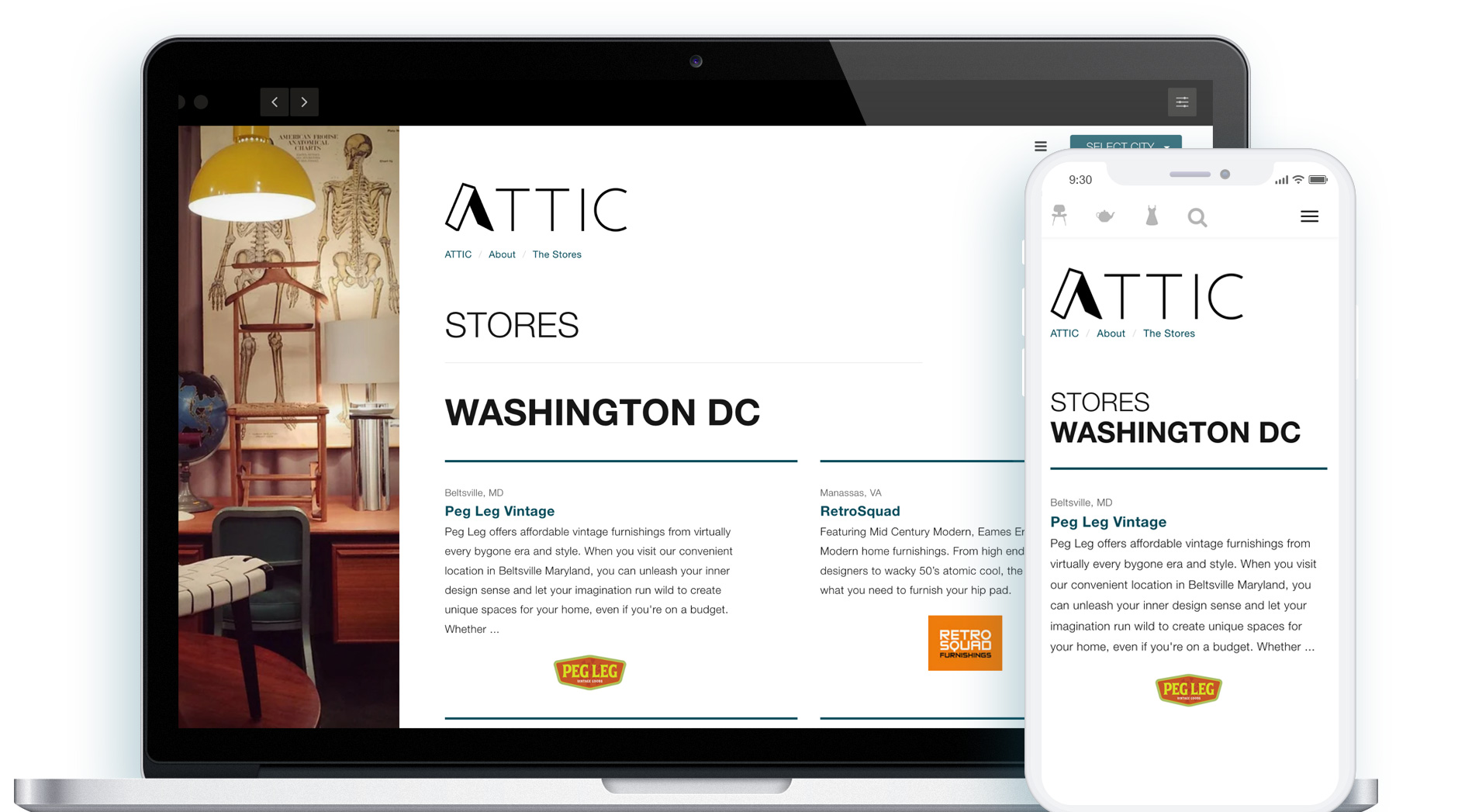 ATTIC Stores page showing featured stores